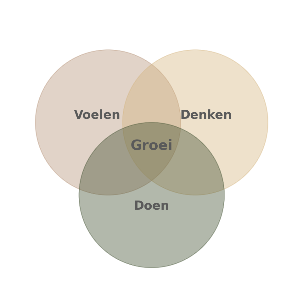 Venn-diagram bij het aanbod van Praktijk Samsara: drie overlappende cirkels - voelen, denken en doen - laten samen zien hoe de combinatie groei brengt.
